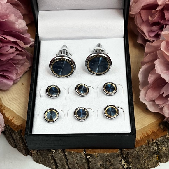 Elegant Royal Blue Gold Outlined Round Cufflinks Tuxedo Studs Formal 8 Pcs Set - Picture 15 of 16